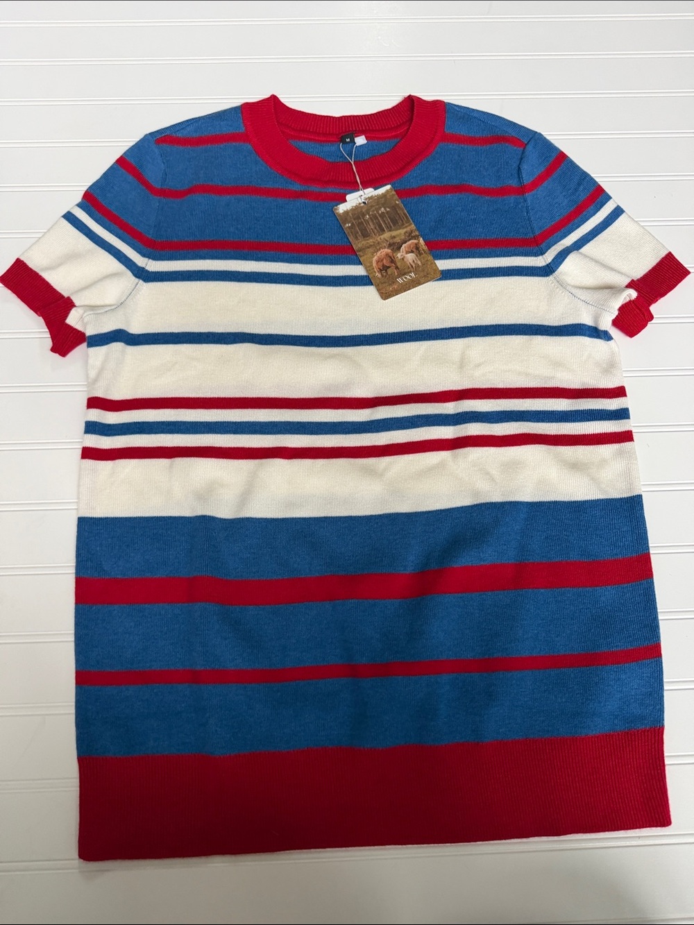 (247)Short-Sleeve Striped Knit Top - Blue, Red & Cream